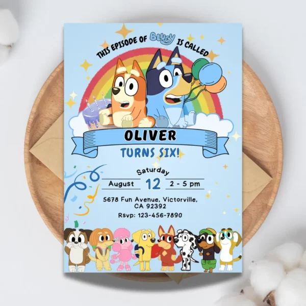 rainbow and blue birthday invitation with friends editable and printable-1