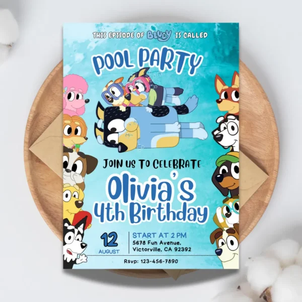 bluey pool party birthday invitation with friends editable and printable template-1