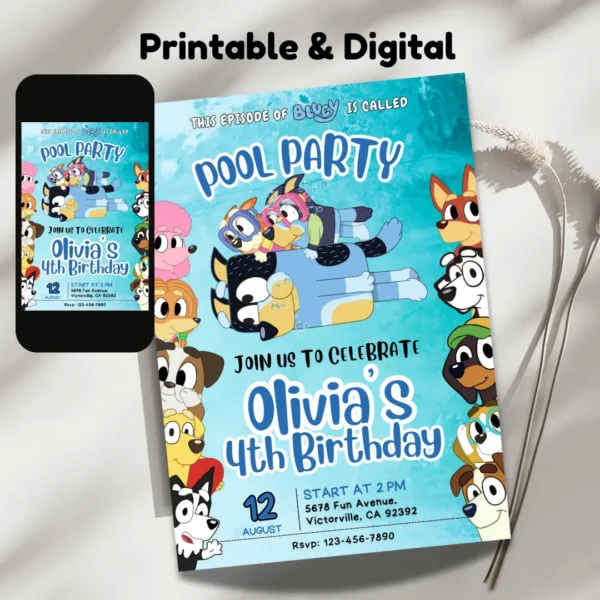 bluey pool party birthday invitation with friends editable and printable template-2