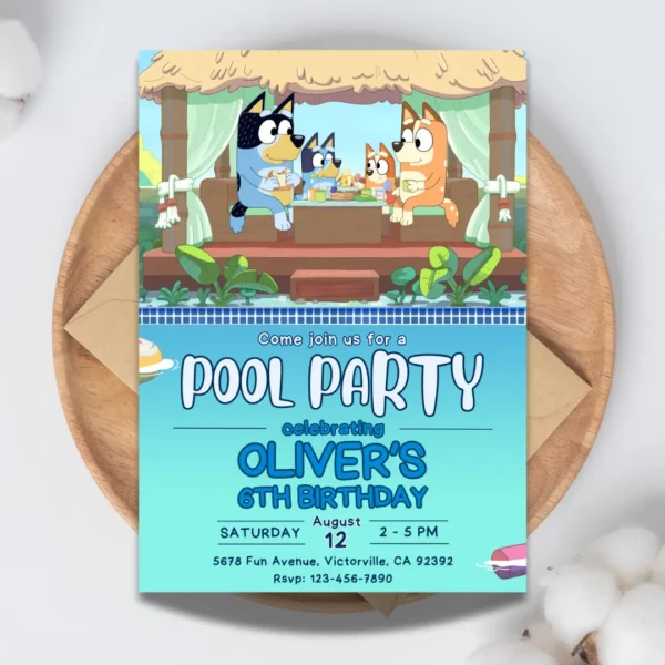 tropical bluey pool party invitation editable and printable template-1