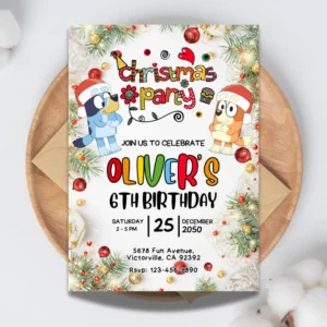 bluey christmas birthday invitation festive and editable printable template-1