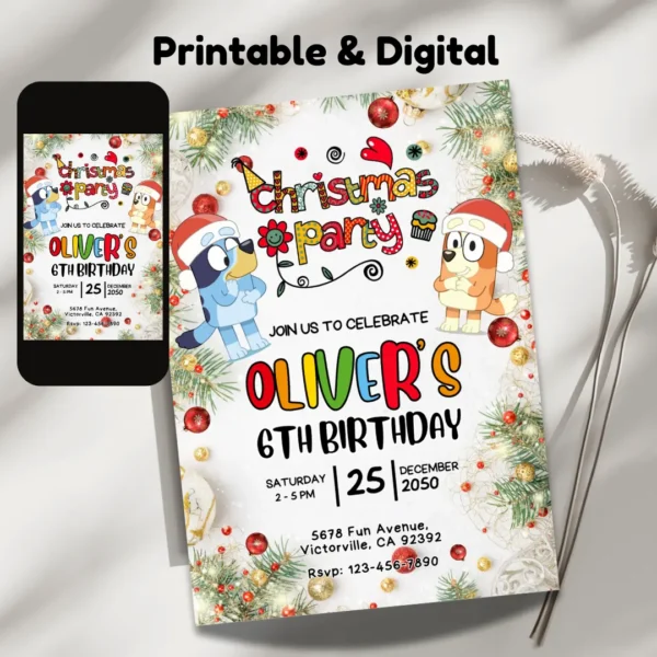 bluey christmas birthday invitation festive and editable printable template-2