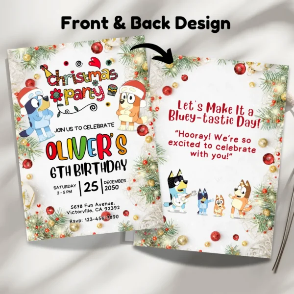 bluey christmas birthday invitation festive and editable printable template-3