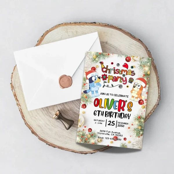 bluey christmas birthday invitation festive and editable printable template-5