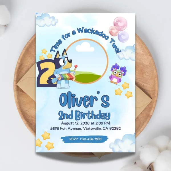 wackadoo two bluey 2nd birthday blue invitation photo insert and editable template-1