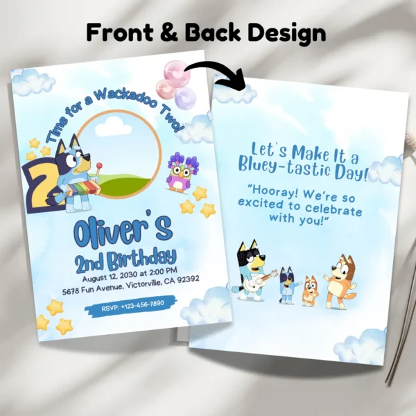 wackadoo two bluey 2nd birthday blue invitation photo insert and editable template-3