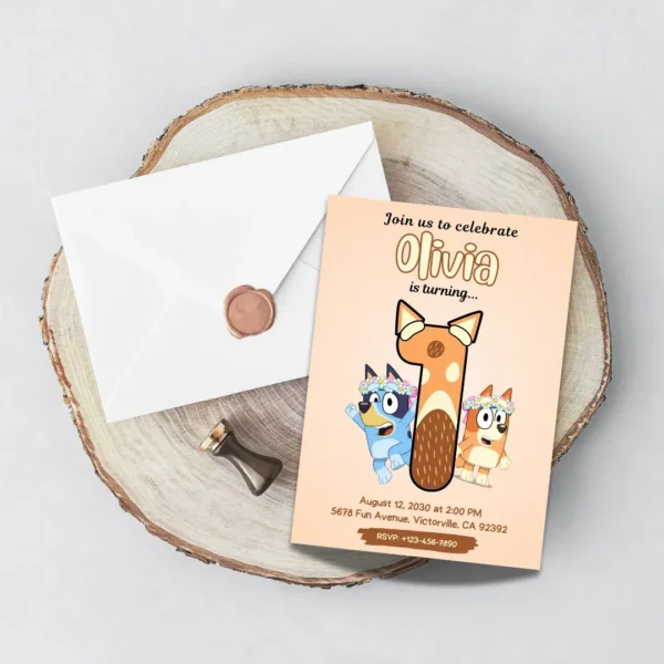 big one 1st bluey birthday invitation brown boho theme editable and printable template-5