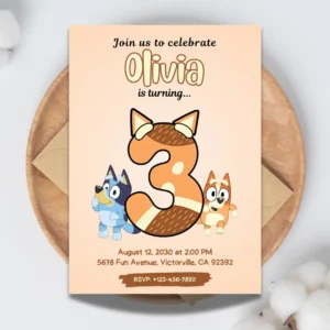 boho 3rd birthday invitation with bluey and bingo editable and printable template-1