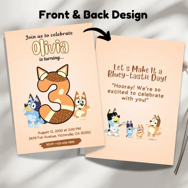 boho 3rd birthday invitation with bluey and bingo editable and printable template-3