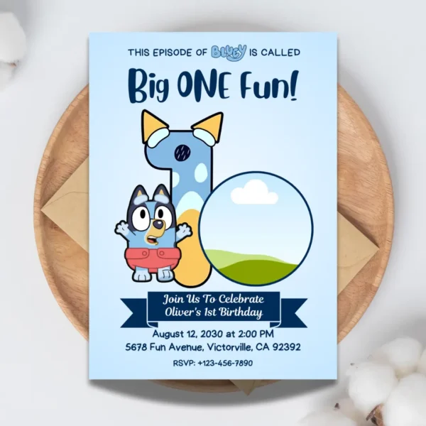 big one fun 1st birthday invitation bluey theme editable and printable template-1