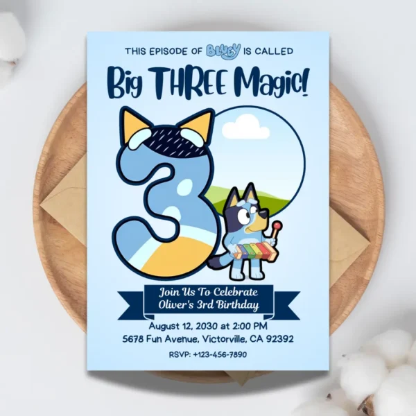 big three magic bluey 3rd birthday blue invitation editable and printable template-1