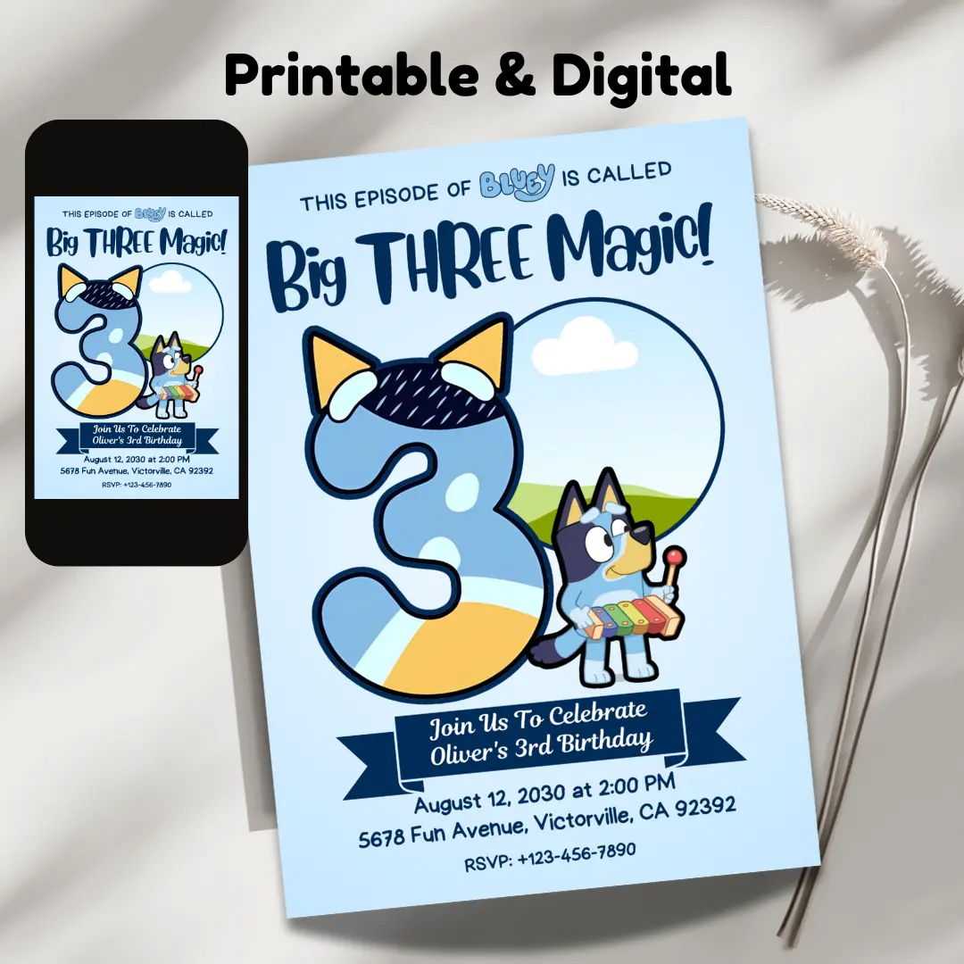 big three magic bluey 3rd birthday blue invitation editable and printable template-2