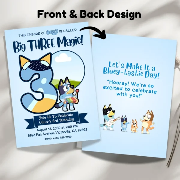 big three magic bluey 3rd birthday blue invitation editable and printable template-3