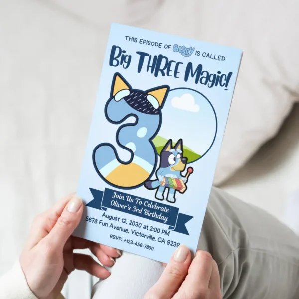 big three magic bluey 3rd birthday blue invitation editable and printable template-4