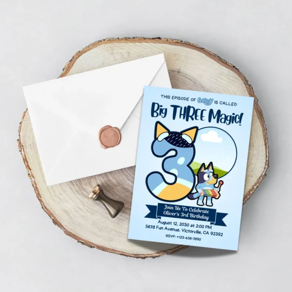 big three magic bluey 3rd birthday blue invitation editable and printable template-5