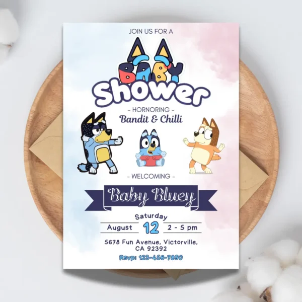 bluey baby shower invitation watercolor theme editable and printable template-1