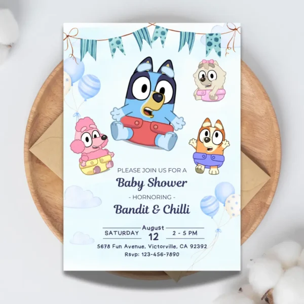 bluey baby shower invitation with balloons editable and printable template-1