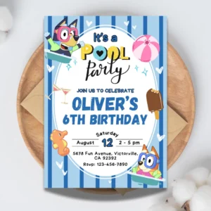 Blue Striped Bluey Pool Party Birthday Invitation-1