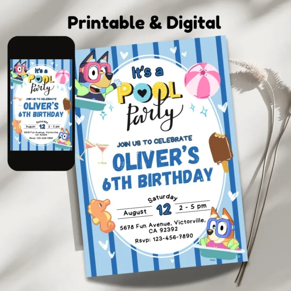 Blue Striped Bluey Pool Party Birthday Invitation-2