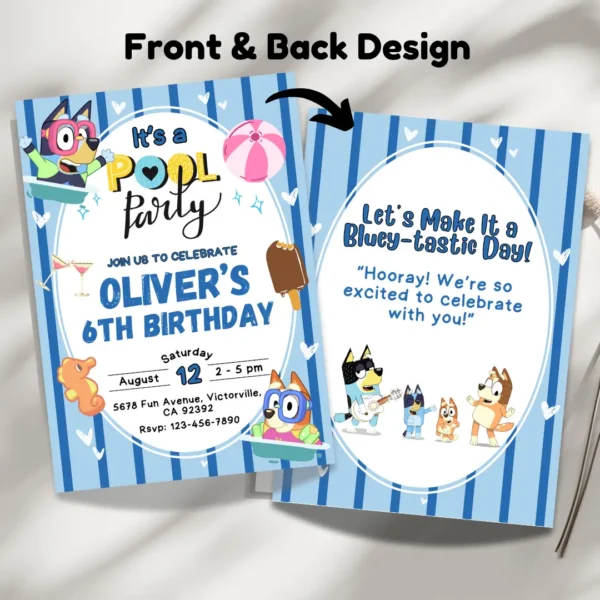 Blue Striped Bluey Pool Party Birthday Invitation-3