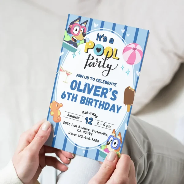 Blue Striped Bluey Pool Party Birthday Invitation-4