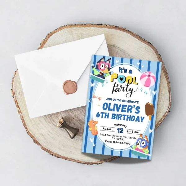 Blue Striped Bluey Pool Party Birthday Invitation-5