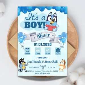 Bluey Boy Baby Shower Blue Invitation Printable-1