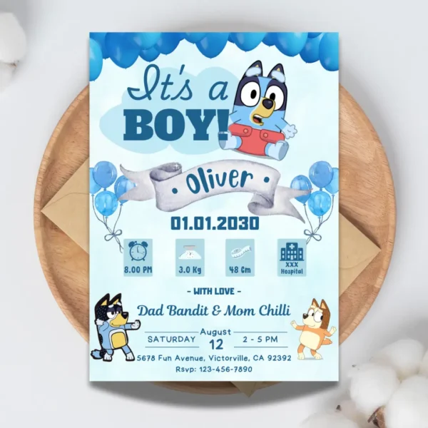 Bluey Boy Baby Shower Blue Invitation Printable-1