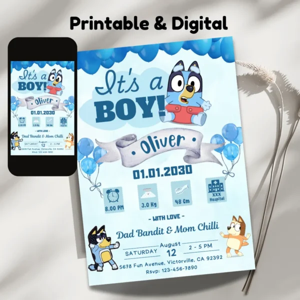 Bluey Boy Baby Shower Blue Invitation Printable-2