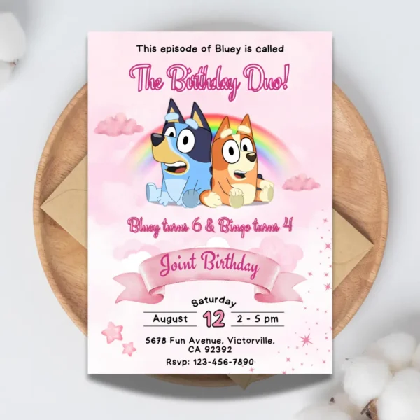 Bluey Joint Birthday Pink Invitation Printable-1