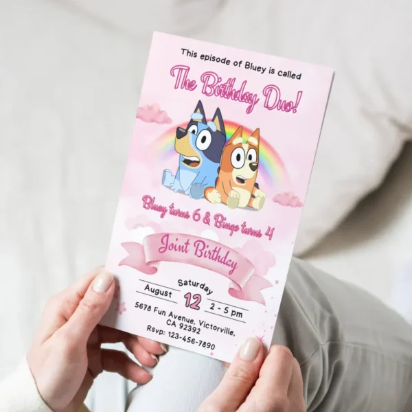 Bluey Joint Birthday Pink Invitation Printable-4