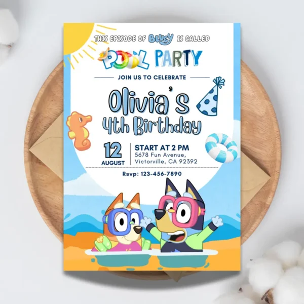 Bluey Pool Birthday Party Invitation Printable-1