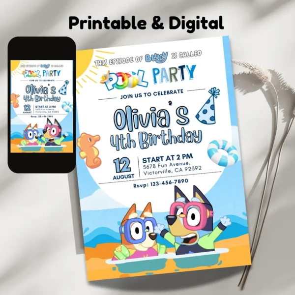 Bluey Pool Birthday Party Invitation Printable-2