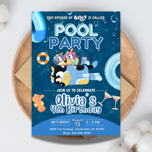 Bluey Pool Party Birthday Invitation Dark Blue-1