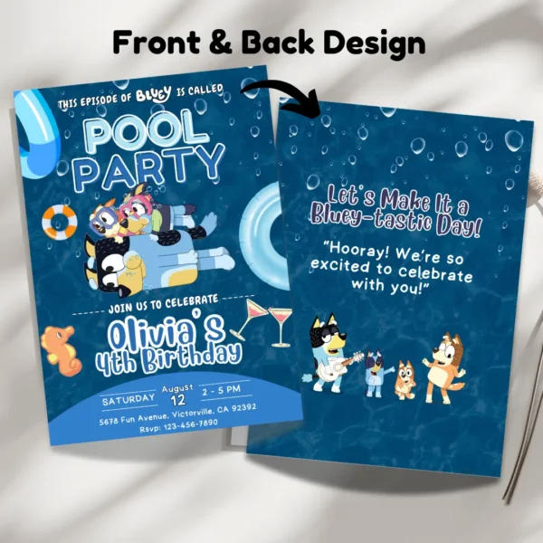 Bluey Pool Party Birthday Invitation Dark Blue-3