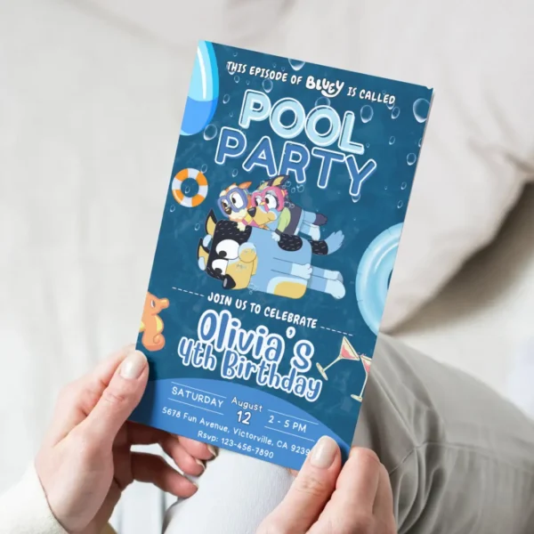 Bluey Pool Party Birthday Invitation Dark Blue-4