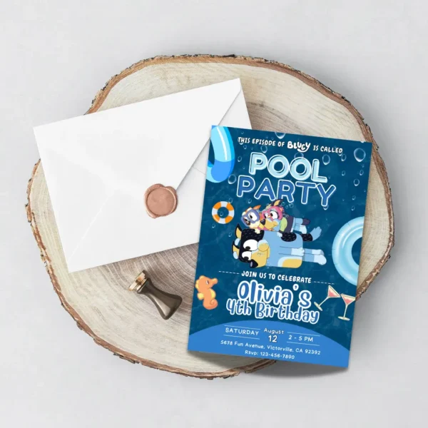 Bluey Pool Party Birthday Invitation Dark Blue-5