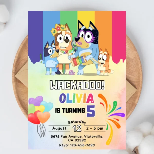 Bluey Wackadoo Colorful Rainbow Birthday Invitation-1