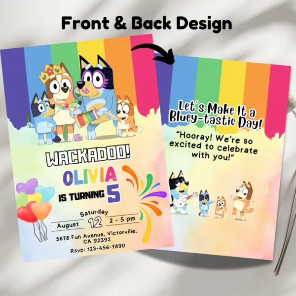 Bluey Wackadoo Colorful Rainbow Birthday Invitation-3