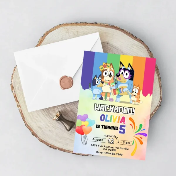 Bluey Wackadoo Colorful Rainbow Birthday Invitation-5