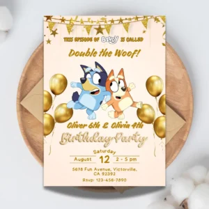 Gold Bluey Joint Birthday Invitation Printable-1