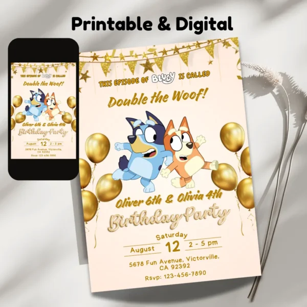 Gold Bluey Joint Birthday Invitation Printable-2