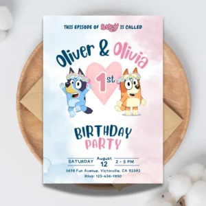 Pastel Bluey Joint 1st Birthday Invitation Template-1