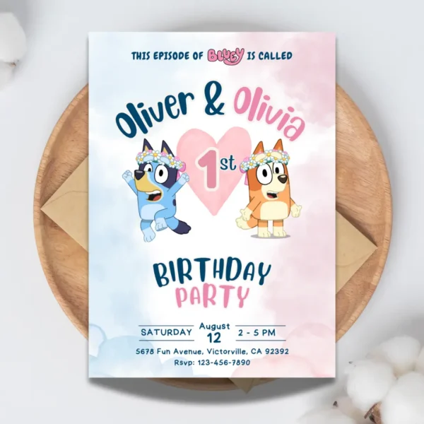 Pastel Bluey Joint 1st Birthday Invitation Template-1