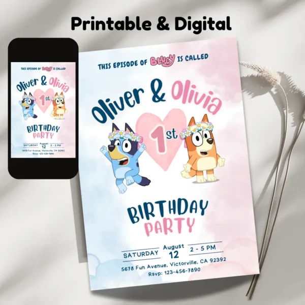 Pastel Bluey Joint 1st Birthday Invitation Template-2