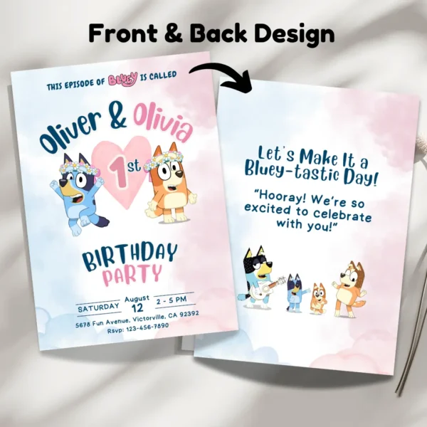 Pastel Bluey Joint 1st Birthday Invitation Template-3