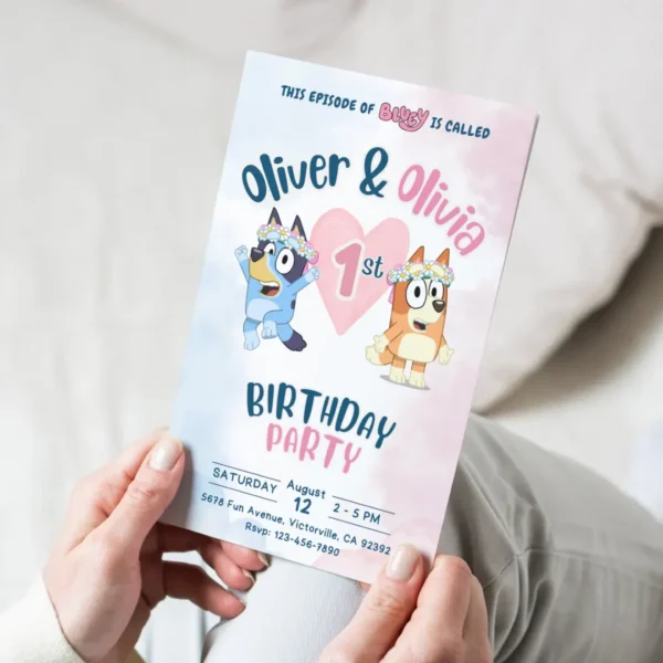 Pastel Bluey Joint 1st Birthday Invitation Template-4