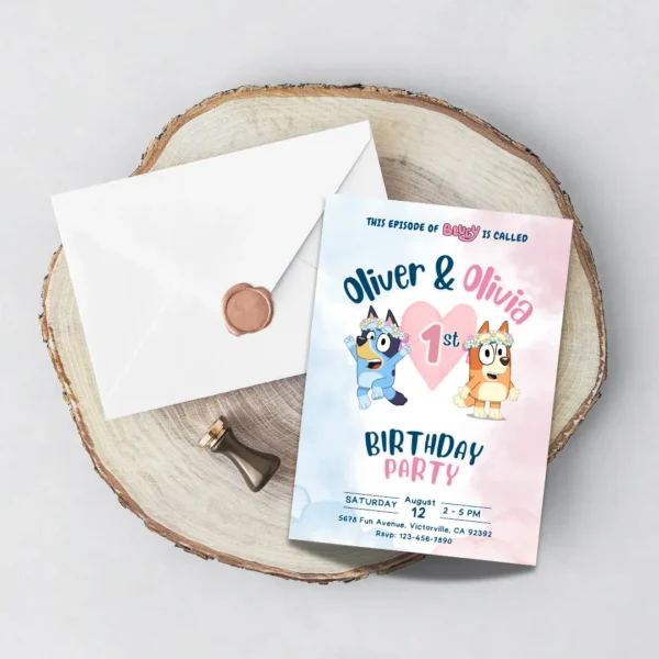 Pastel Bluey Joint 1st Birthday Invitation Template-5