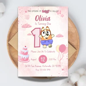 Pink Bluey 1st Birthday Invitation Printable-1