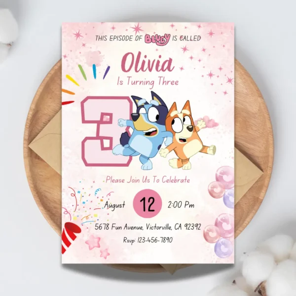 Pink Bluey 3rd Birthday Invitation Printable-1